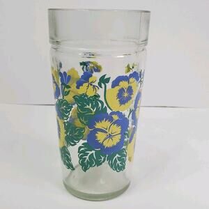 VTG Anchor Hocking Blue And Yellow Pansies 1980s Drinking Glass 6”